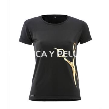 Camiseta negra dibujo tijera dorada peluquería y estética - Imagen 1