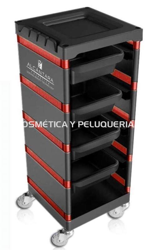 Carrito peluquería negro y rojo, 4 bandejas