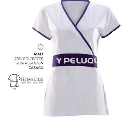 Casaca blanca con ribete morado peluquería y estética - Imagen 1